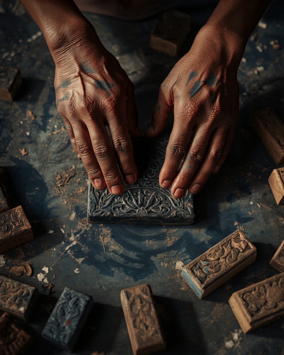 Rajasthani block printing — hands pressing carved wooden stamp into indigo fabric