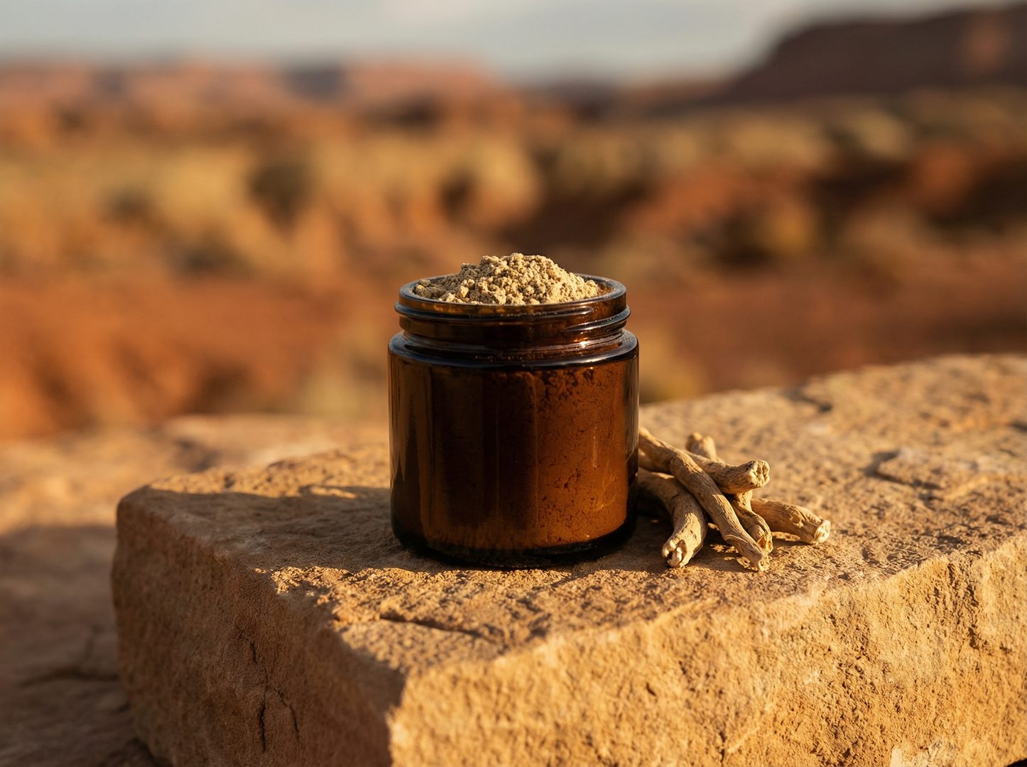 Ashwagandha root powder in dark glass jar — Rajasthan