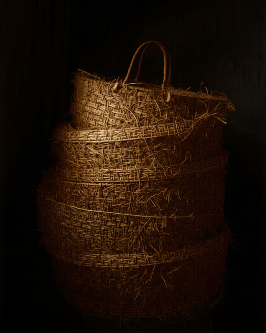 Handwoven jute baskets stacked in artisan workshop