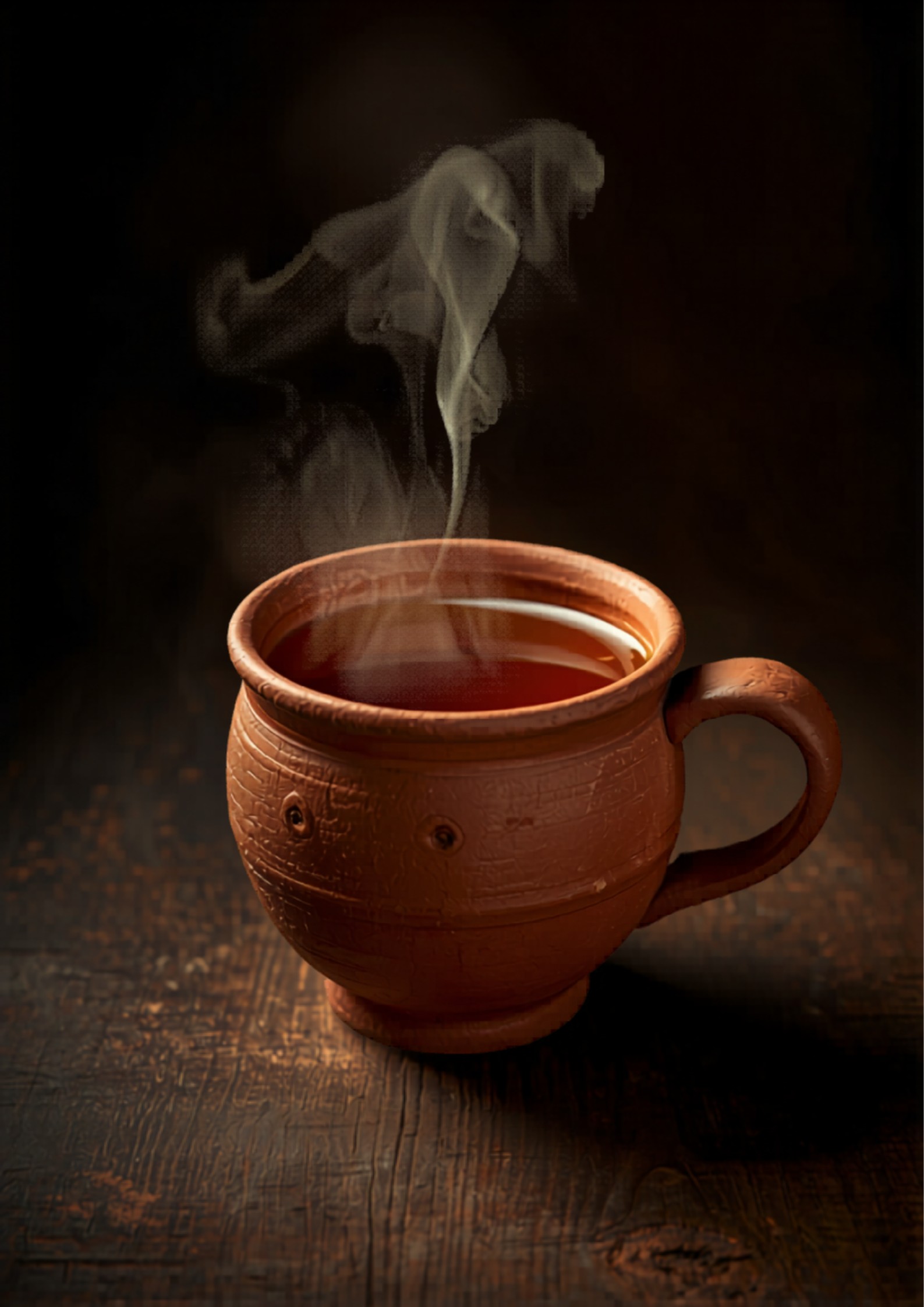 Rustic chai in textured terracotta cup — steam rising