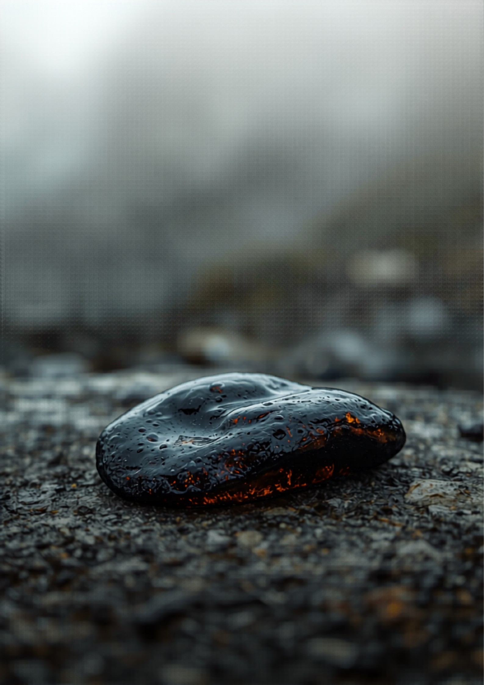 Illuminated shilajit resin with atmospheric Himalayan mountains