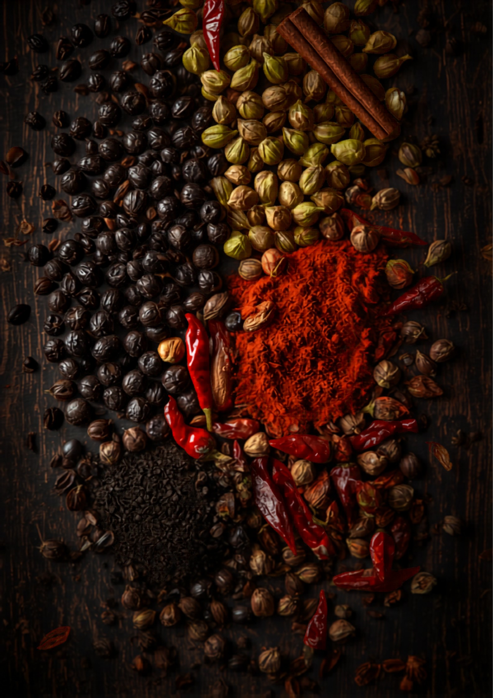Vibrant assortment of whole Indian spices — peppercorn, cardamom, cinnamon, chilli