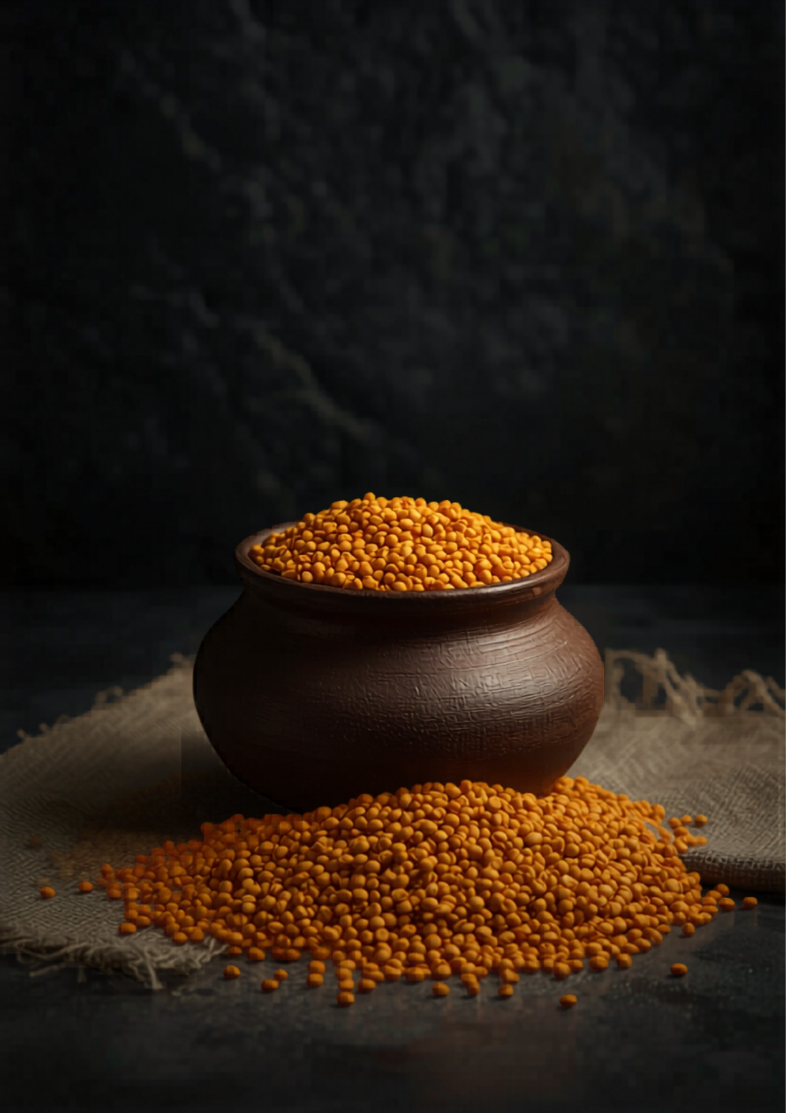 Dark clay vessel with heritage grains — single origin